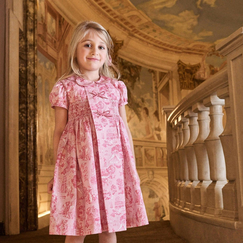 Nicky Hilton x La Coqueta Pink Toile de Jouy Theodora Girl Hand-Smocked Dress