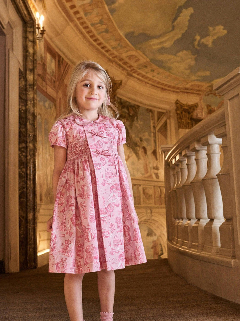 Nicky Hilton x La Coqueta Pink Toile de Jouy Theodora Girl Hand-Smocked Dress