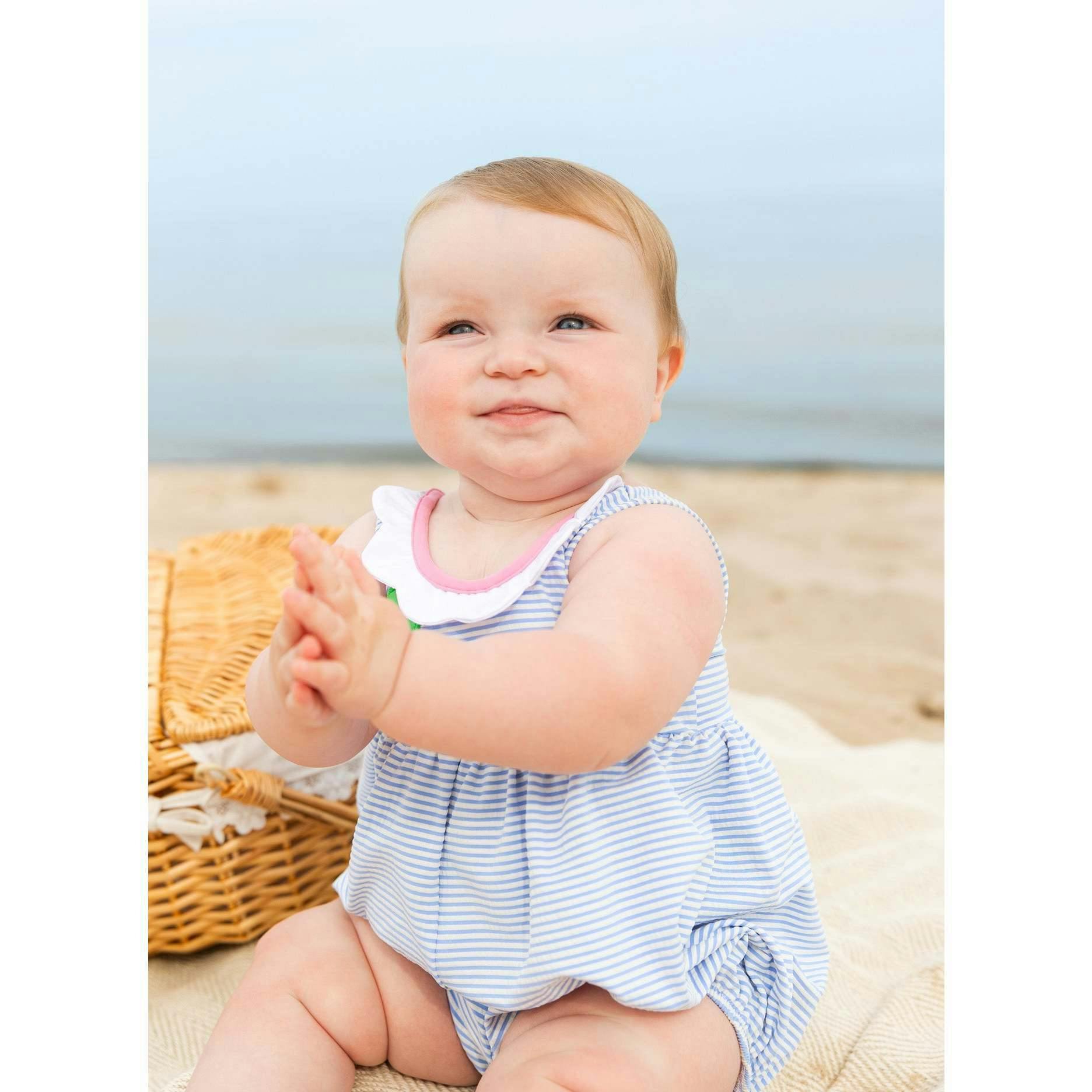 Seersucker Bubble Swimsuit With Petal Neck