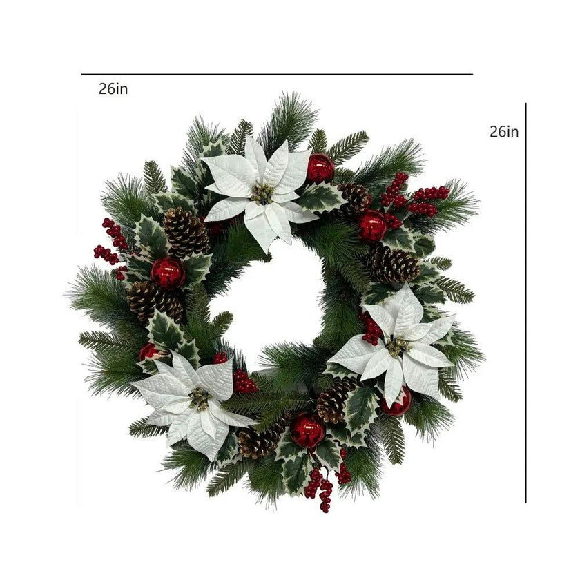 26" White Poinsettia, Pinecone & Berry Wreath Pre-Lit