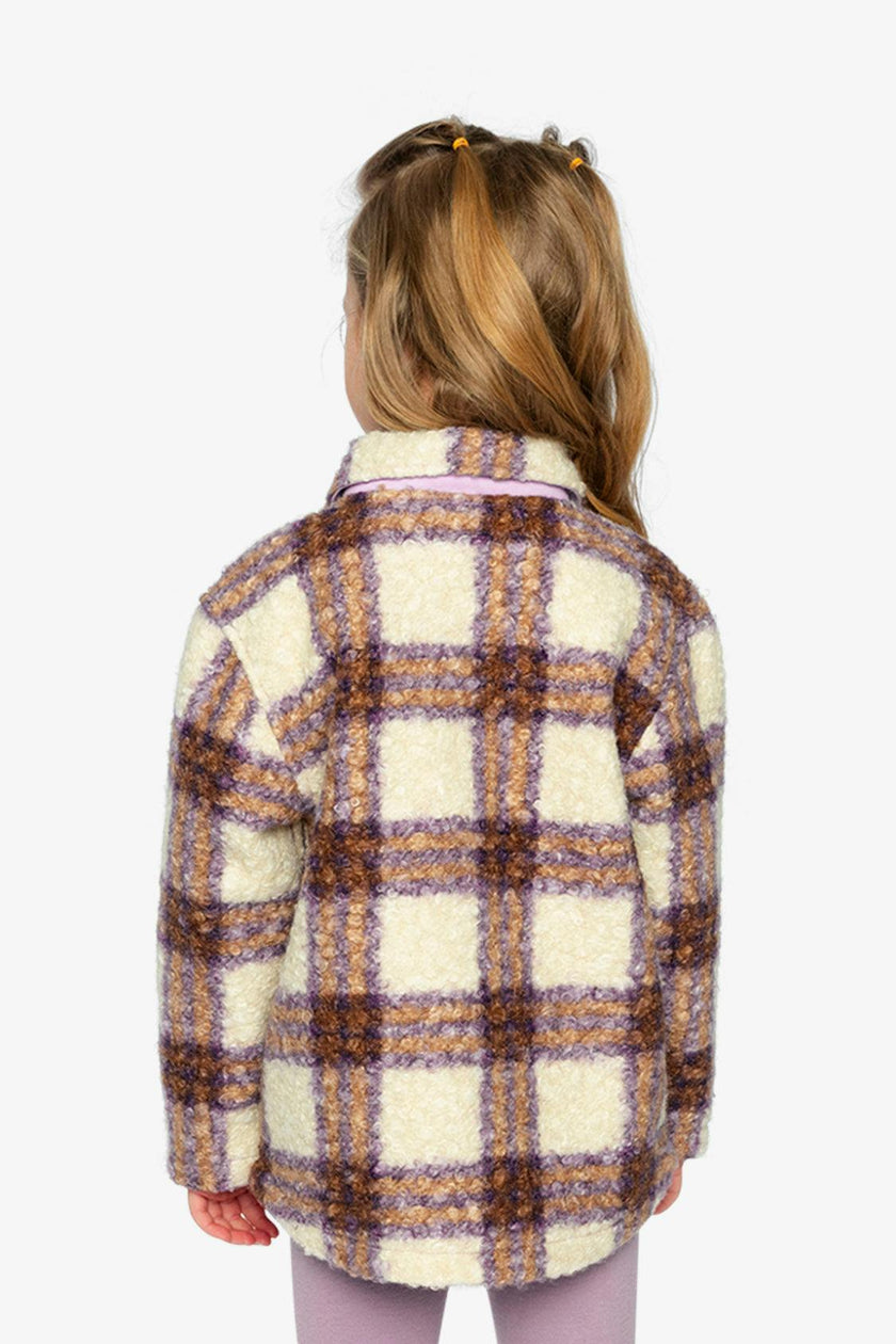Zipped Sherpa Overshirt With Chest Pockets Beige And Mauve Plaid