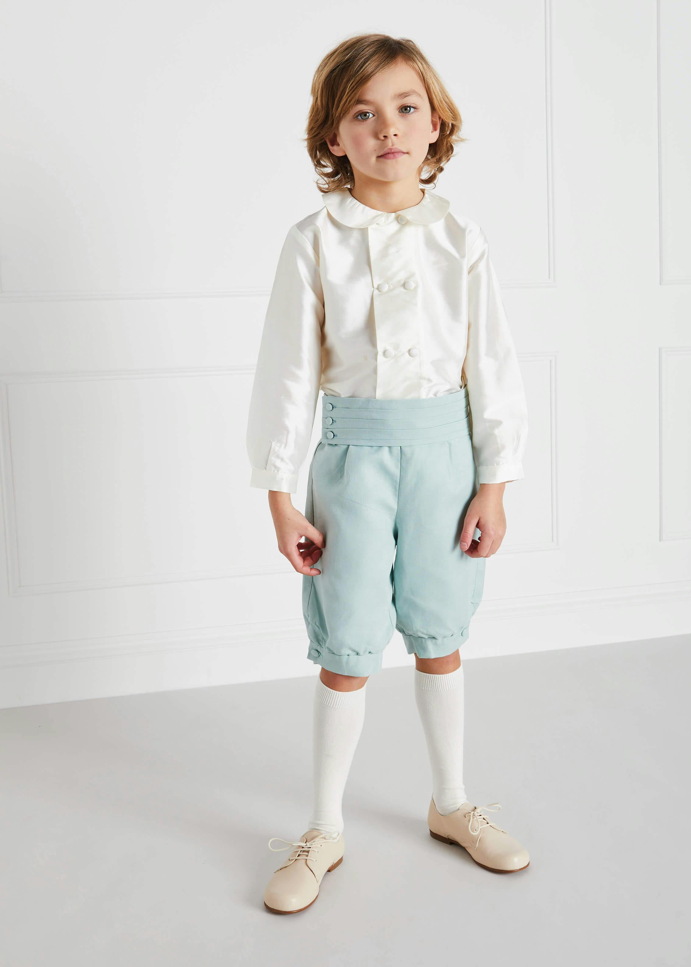 Boy's white double-breasted Peter Pan collar silk shirt (12mths-10yrs)