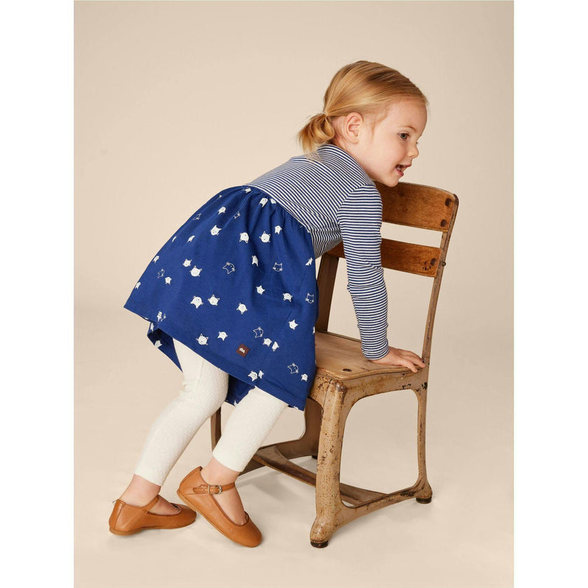 Babys Mix Print 2-Tone Long Sleeve Skirt Dress, Blue
