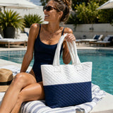 Newport Two-Tone Quilted Tote Bag with Zipper Closure- White/Dark Blue