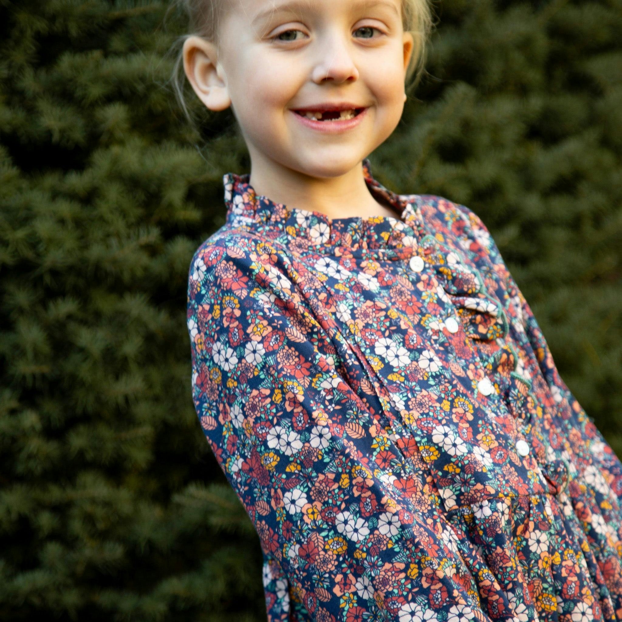 Girls Long Sleeves Dress with Front Ruffle | Garden Confetti