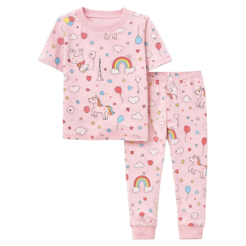 Kids and Toddlers Girls Pink Rainbows Short Sleeve Snug Fitted Soft Pajamas Set