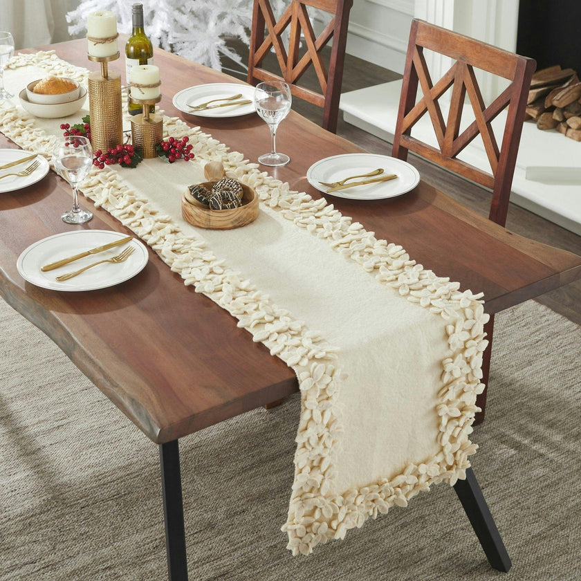 Hand Felted Wool Floral Border Table Runner Cream, 16" x 90"