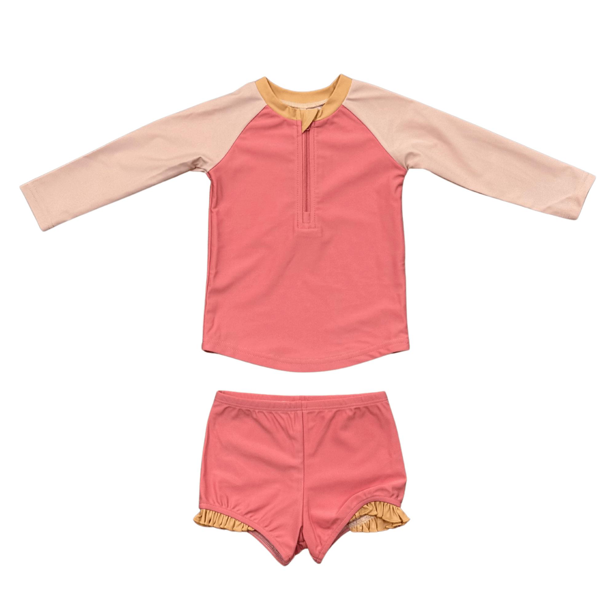 Girls Zip Rash Guard Two-Piece Swimsuit in Strawberry Ice Colorblock