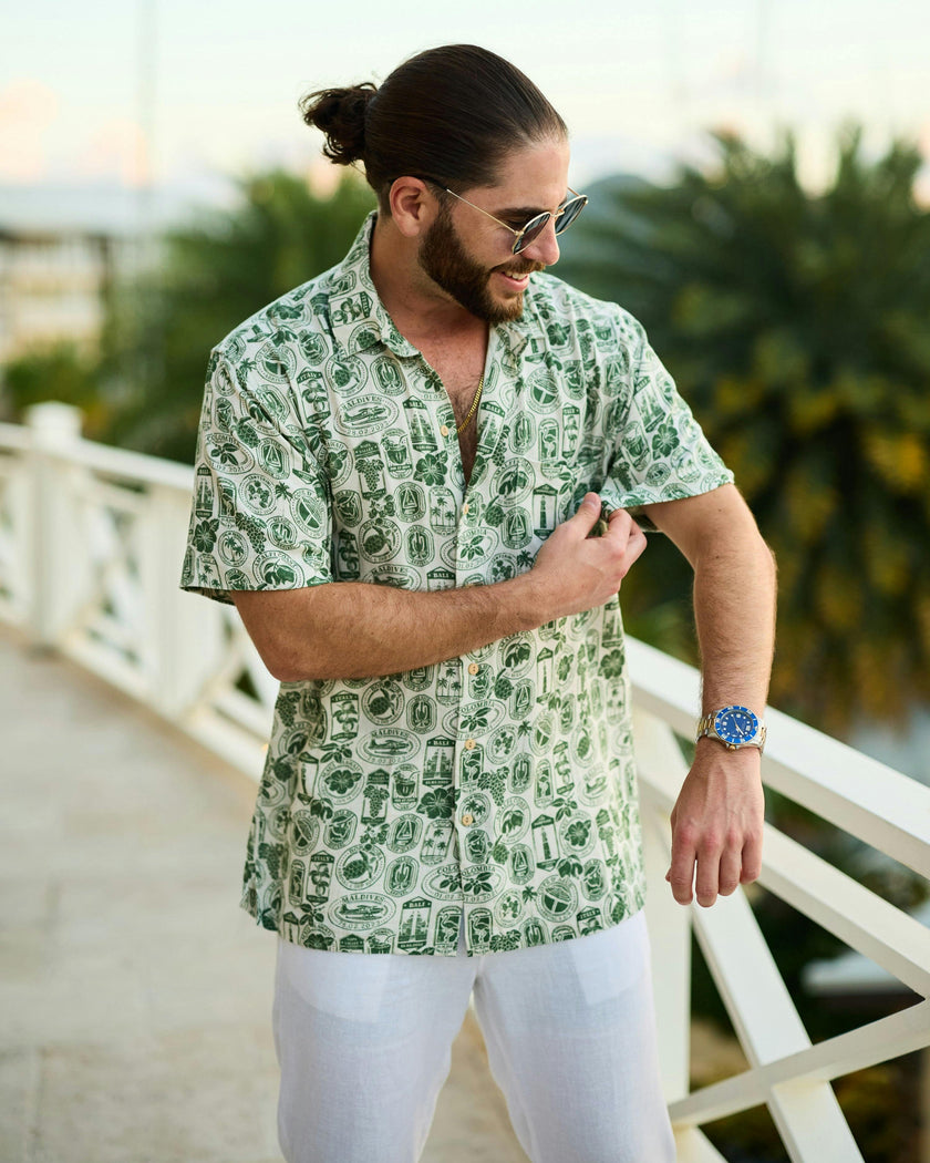 The Passport to Paradise - Men's Linen Passport Stamp Hawaiian Shirt