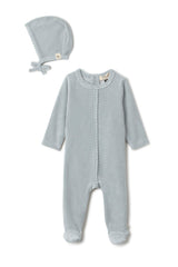 Pompom Snap Front Velour Romper and Bonnet Two Piece Set