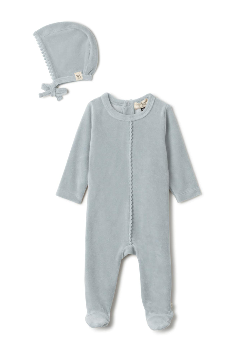 Pompom Snap Front Velour Romper and Bonnet Two Piece Set