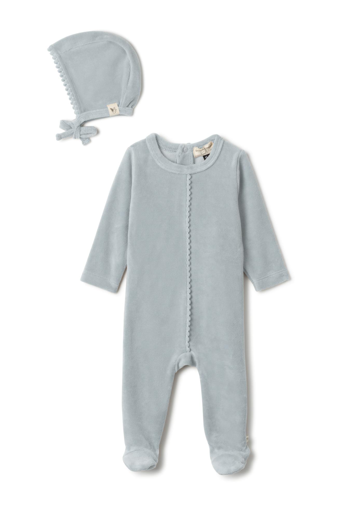 Pompom Snap Front Velour Romper and Bonnet Two Piece Set