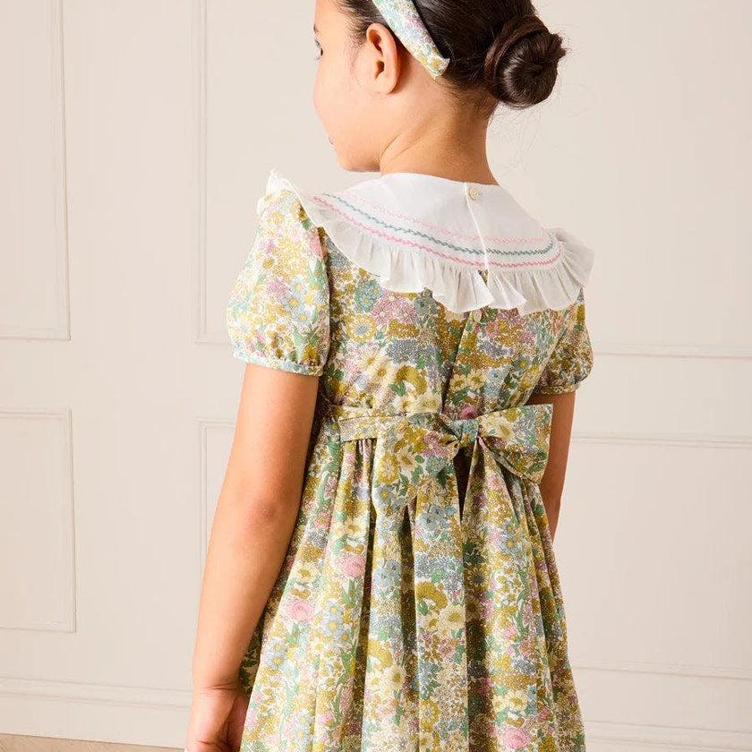 Charlotte Floral Hand Smocked Embroidered Collar Short Sleeve Dress in Green (4-8yrs)