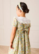 Charlotte Floral Hand Smocked Embroidered Collar Short Sleeve Dress in Green (4-8yrs)