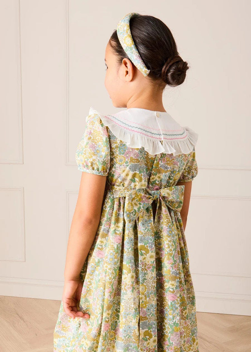 Charlotte Floral Hand Smocked Embroidered Collar Short Sleeve Dress in Green (4-8yrs)