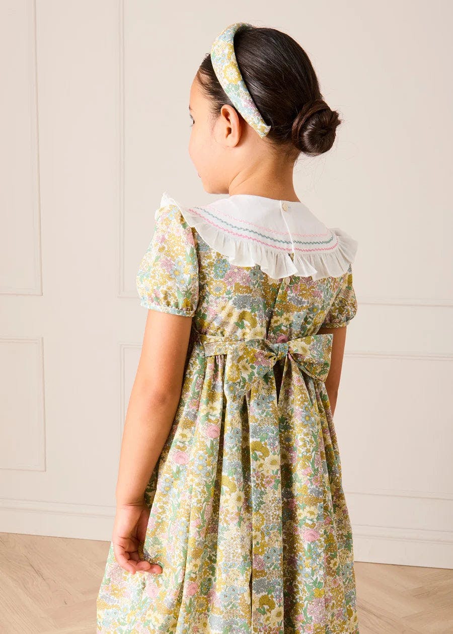 Charlotte Floral Hand Smocked Embroidered Collar Short Sleeve Dress in Green (4-8yrs)