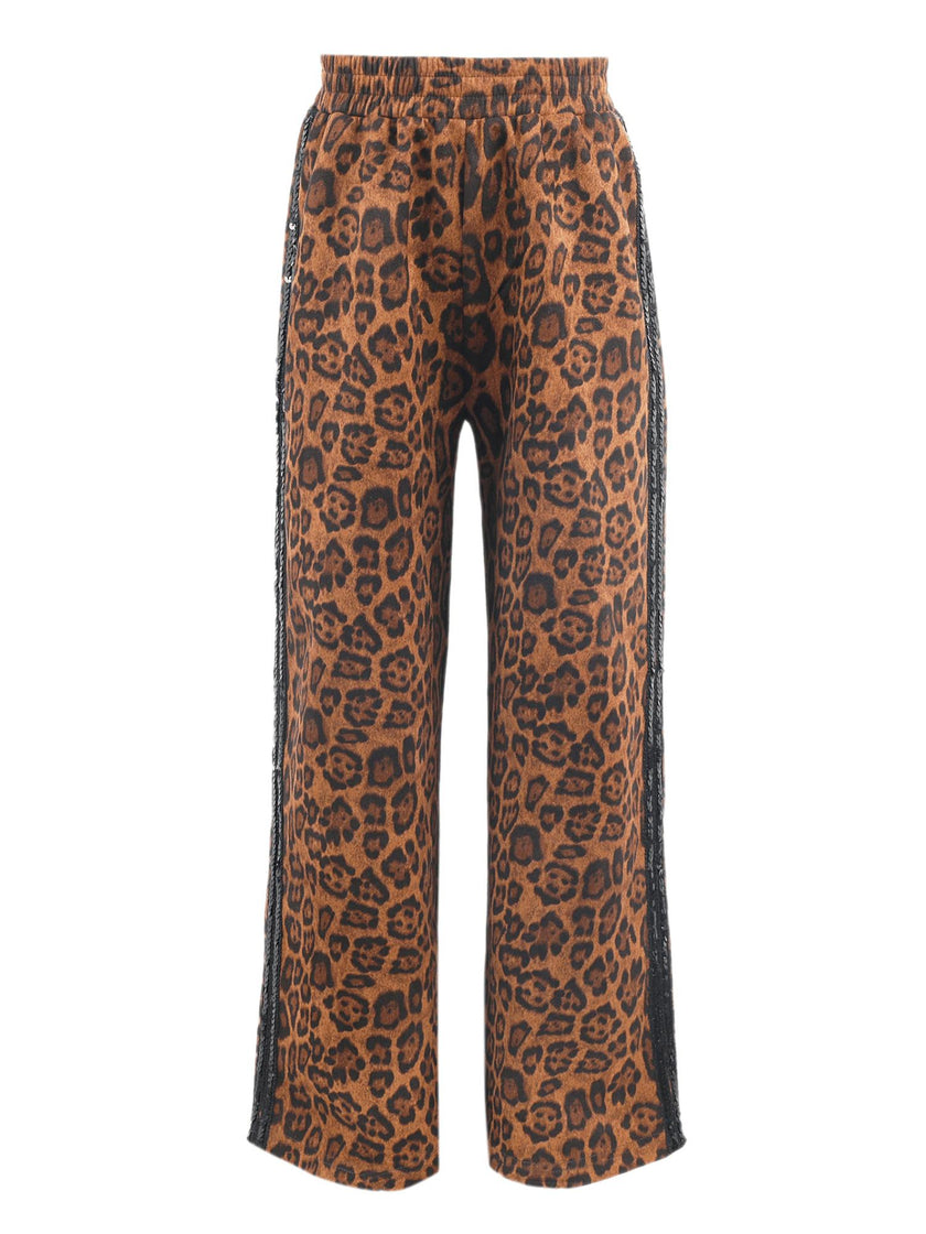 Leopard Print Sequin Trim Wide Leg Track Pants