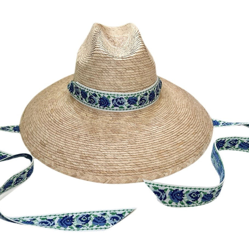 Hollyhock Sun Hat -  Vintage Azure Garden Rose Long Ribbon