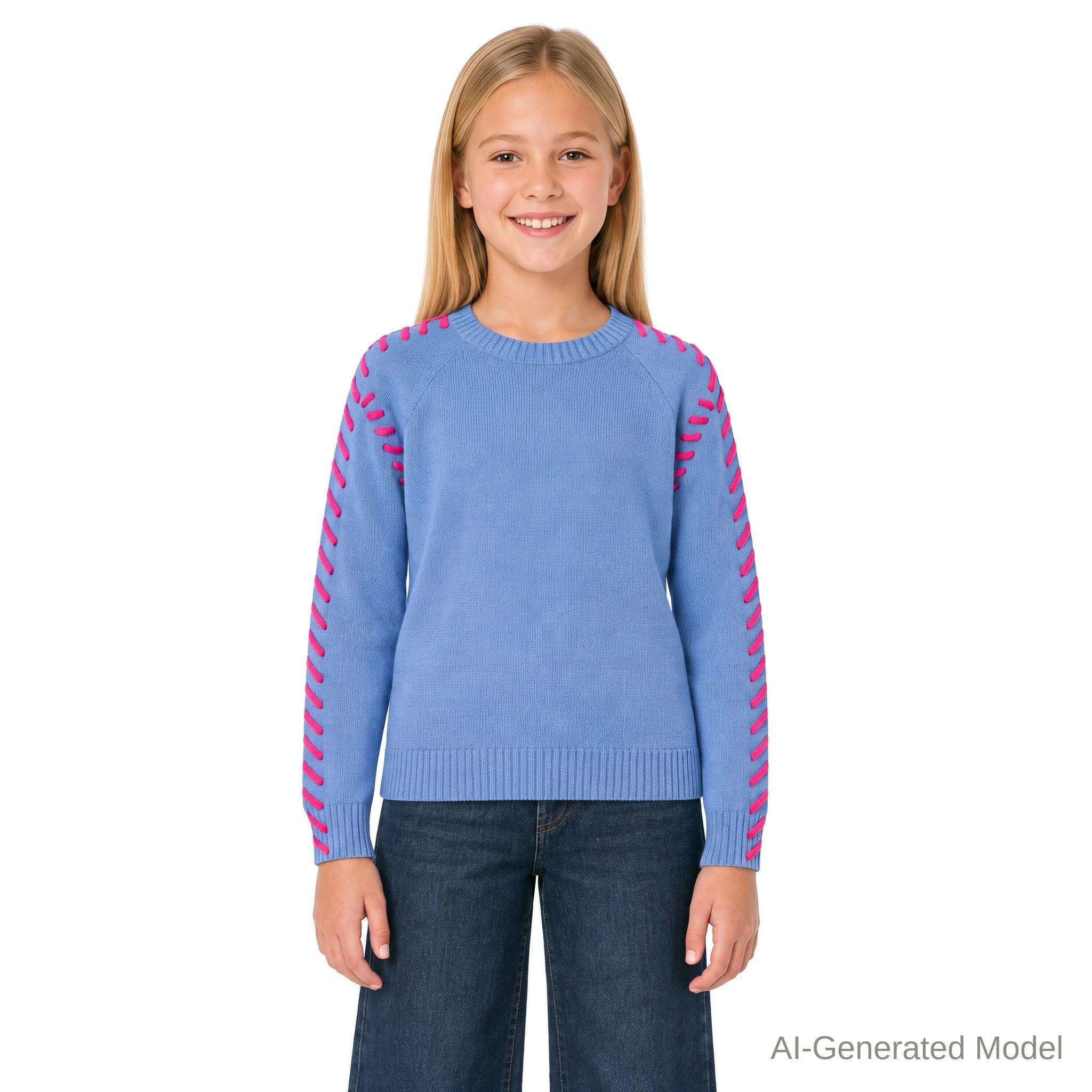 Tween (7-18) Girls Sweater | Pink Blanket Stitch