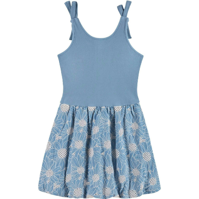 Tween Girls Rib Knit Bow Shoulder Dess | Floral Eyelet