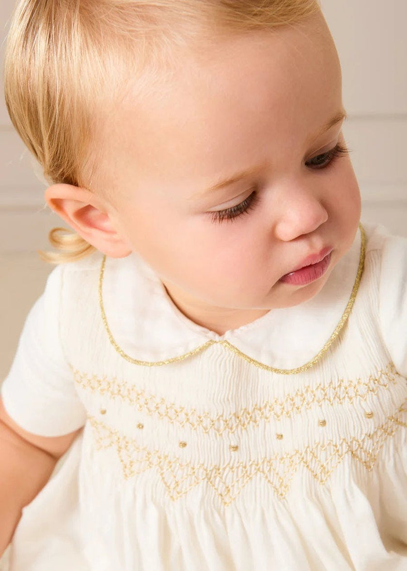 Hand Smocked Gold Embroidered Short Sleeve Romper in Ivory (3mths-2yrs)