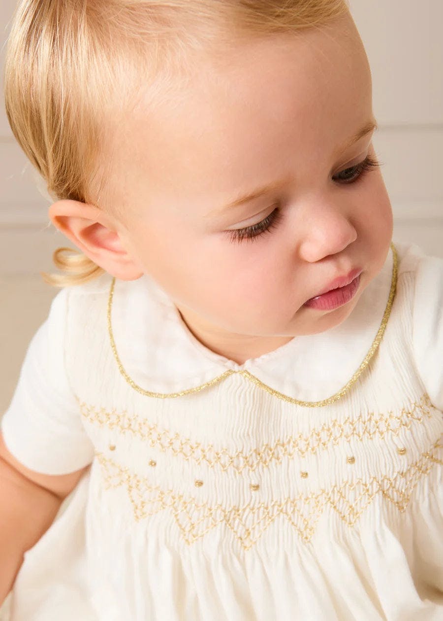 Hand Smocked Gold Embroidered Short Sleeve Romper in Ivory (3mths-2yrs)