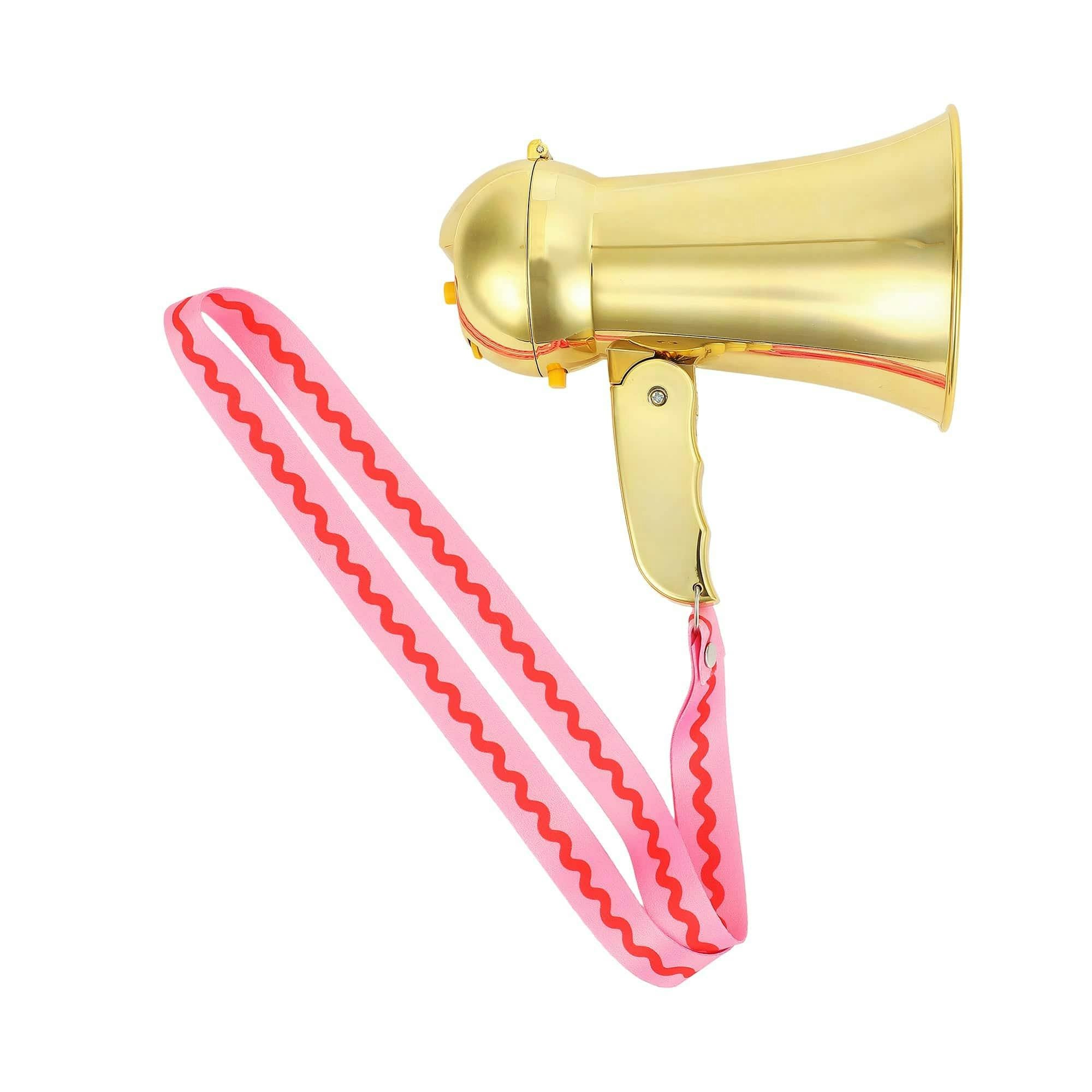 Packed Party Party Starter Gold Mini Megaphone - Shiny Gold with Pink Red Rickrack Strap, Battery Operated Party Megaphone for Bachelorettes and Birthdays