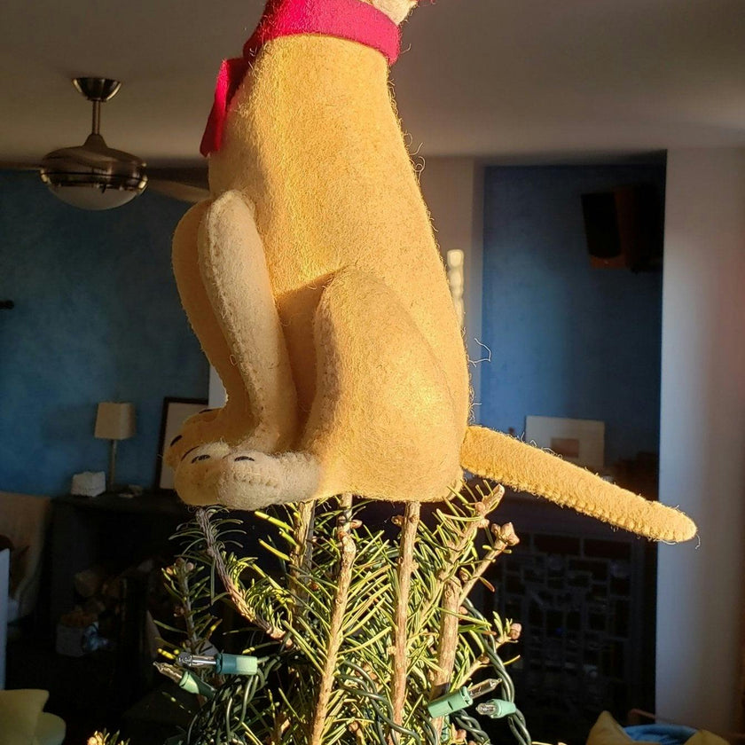 Tan Yellow Lab with Santa Hat Christmas Tree Topper in Hand Felted Wool