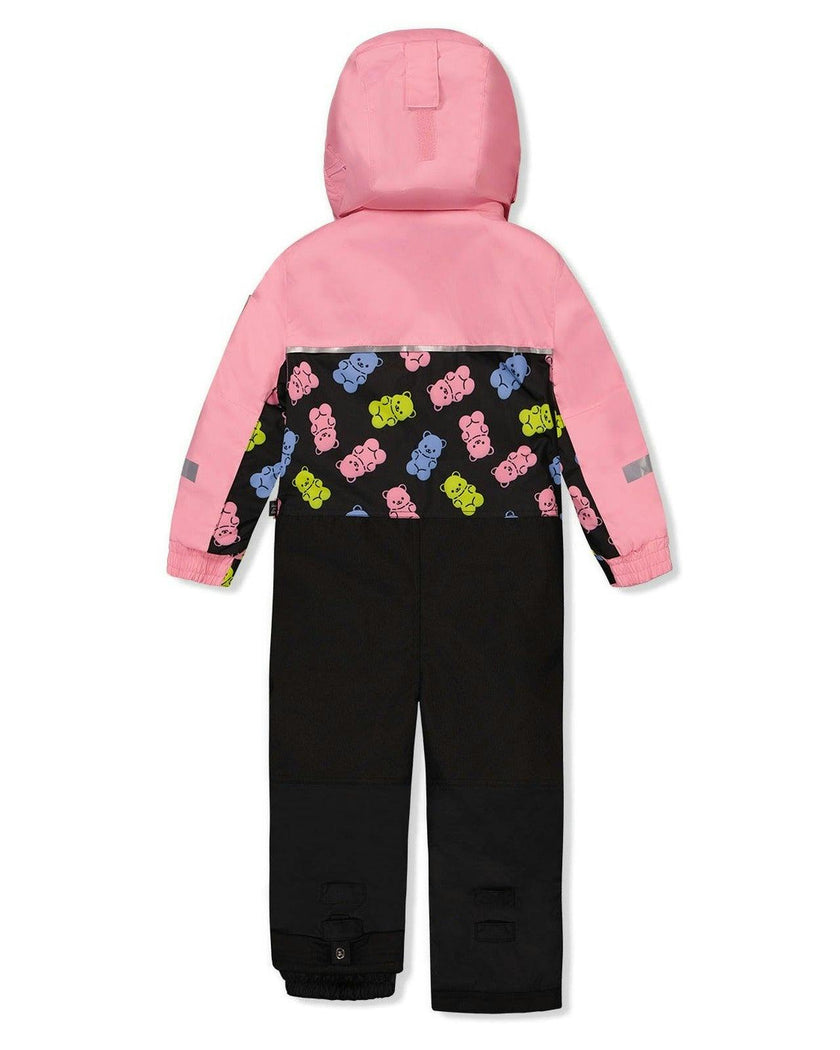 Kids One Piece Play Snowsuit Pink And Black Gummy Bear Print
