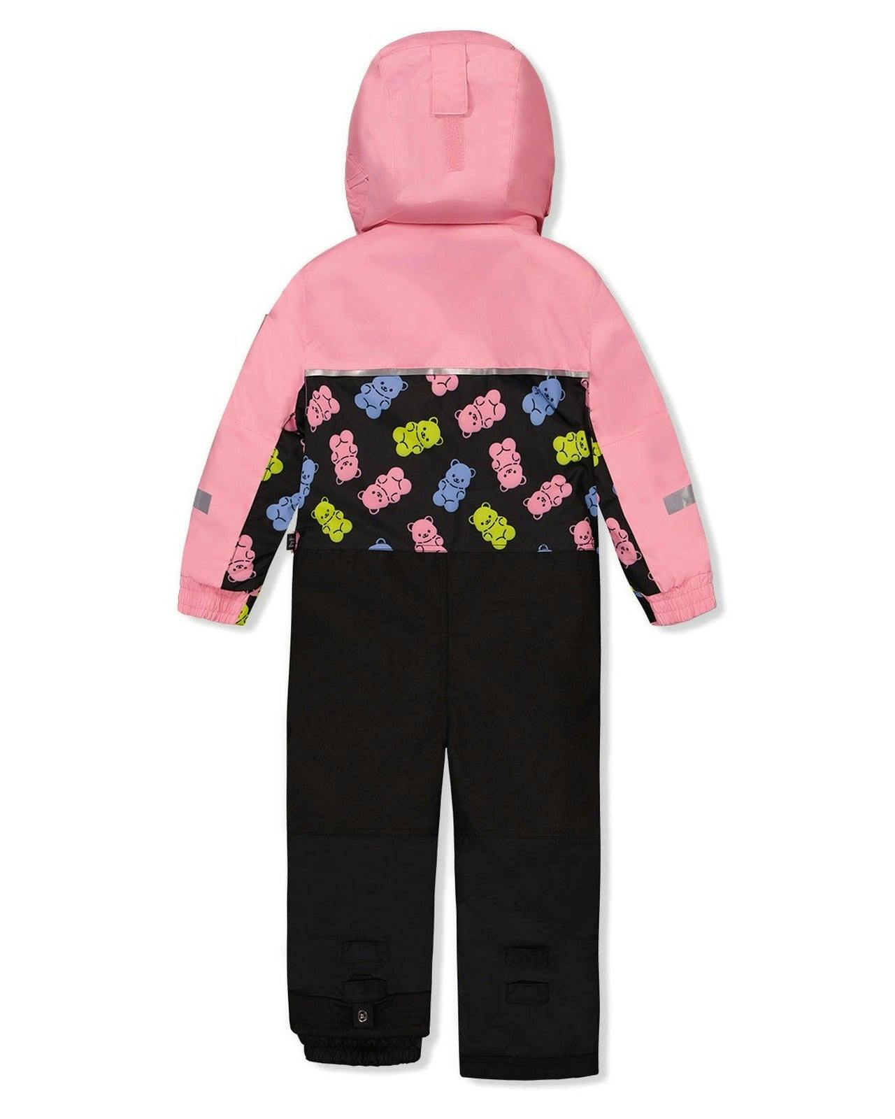 Kids One Piece Play Snowsuit Pink And Black Gummy Bear Print