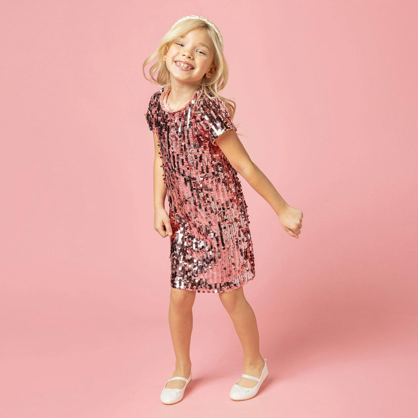 Coco Sequin Girls Party Dress, Blush Pink