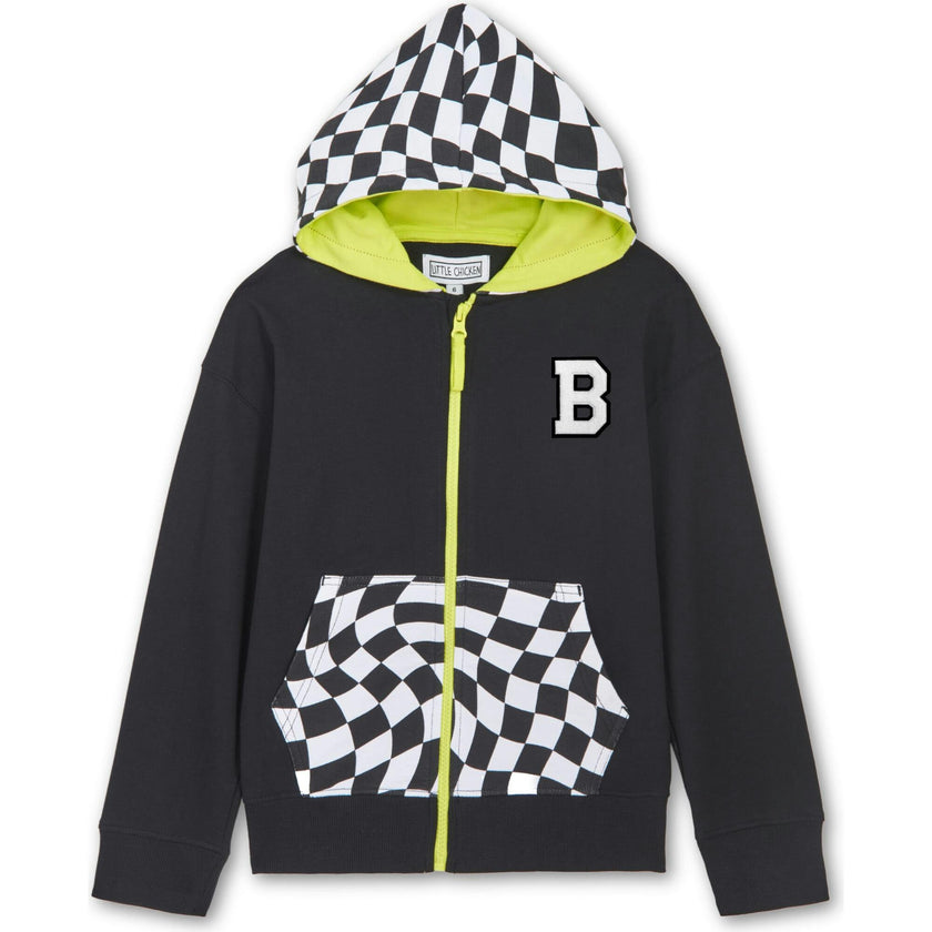 Checker Zip Hoodie Sweatshirt, Black