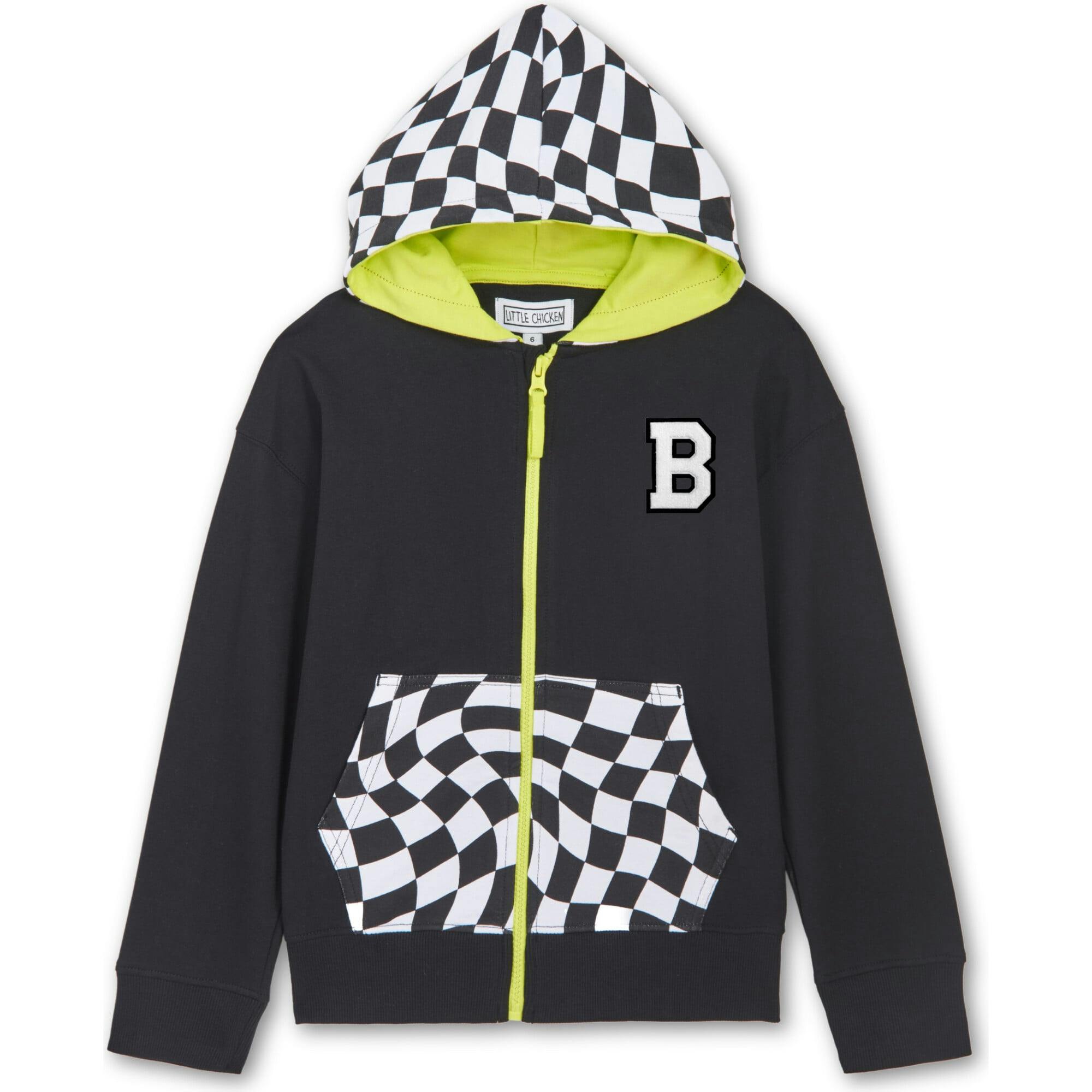 Checker Zip Hoodie Sweatshirt, Black
