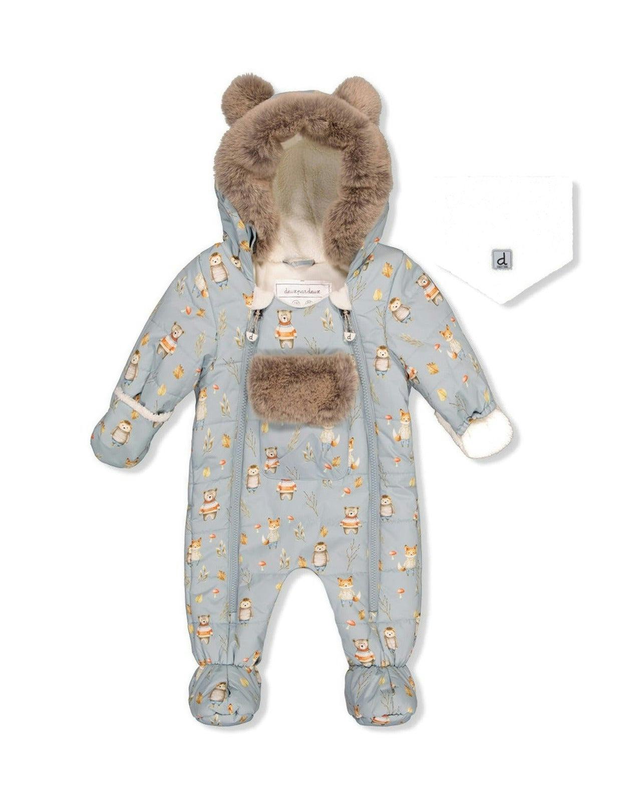 Baby One Piece Snowsuit Adapted For Car Seats Blue Animal Print