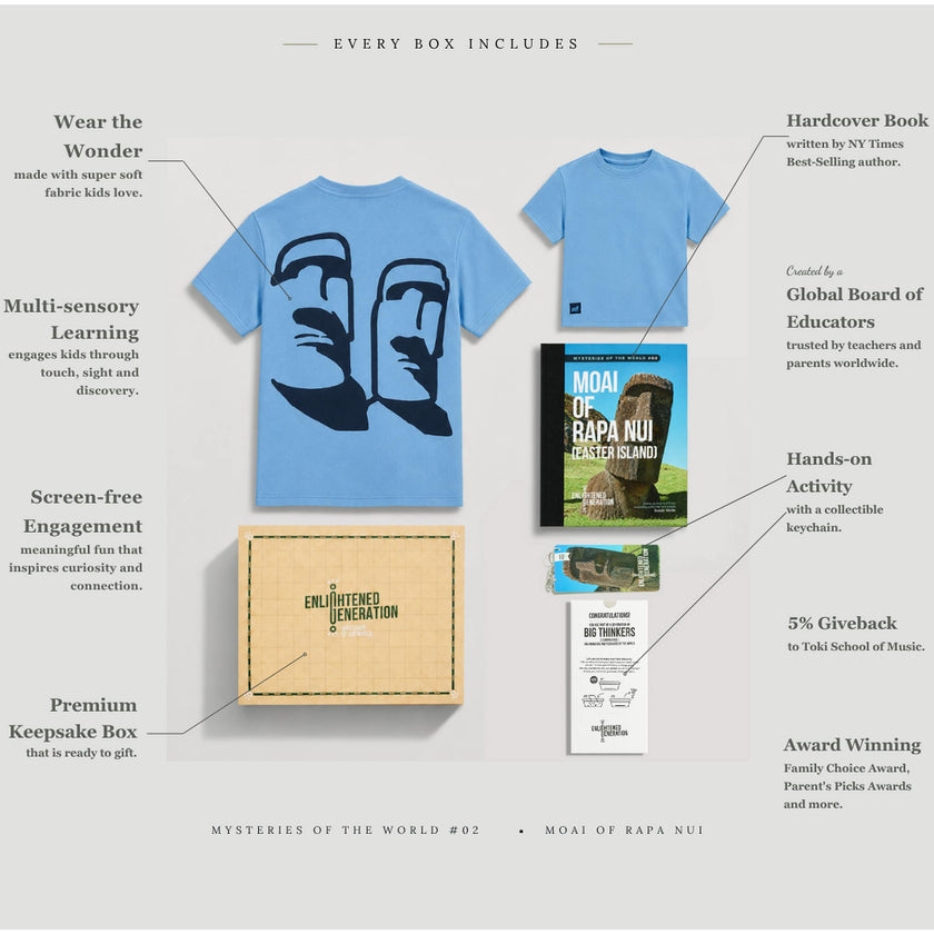 Moai Ancient Wonders Gift Box with Blue Back Print Kids Tee, Book, and Activities