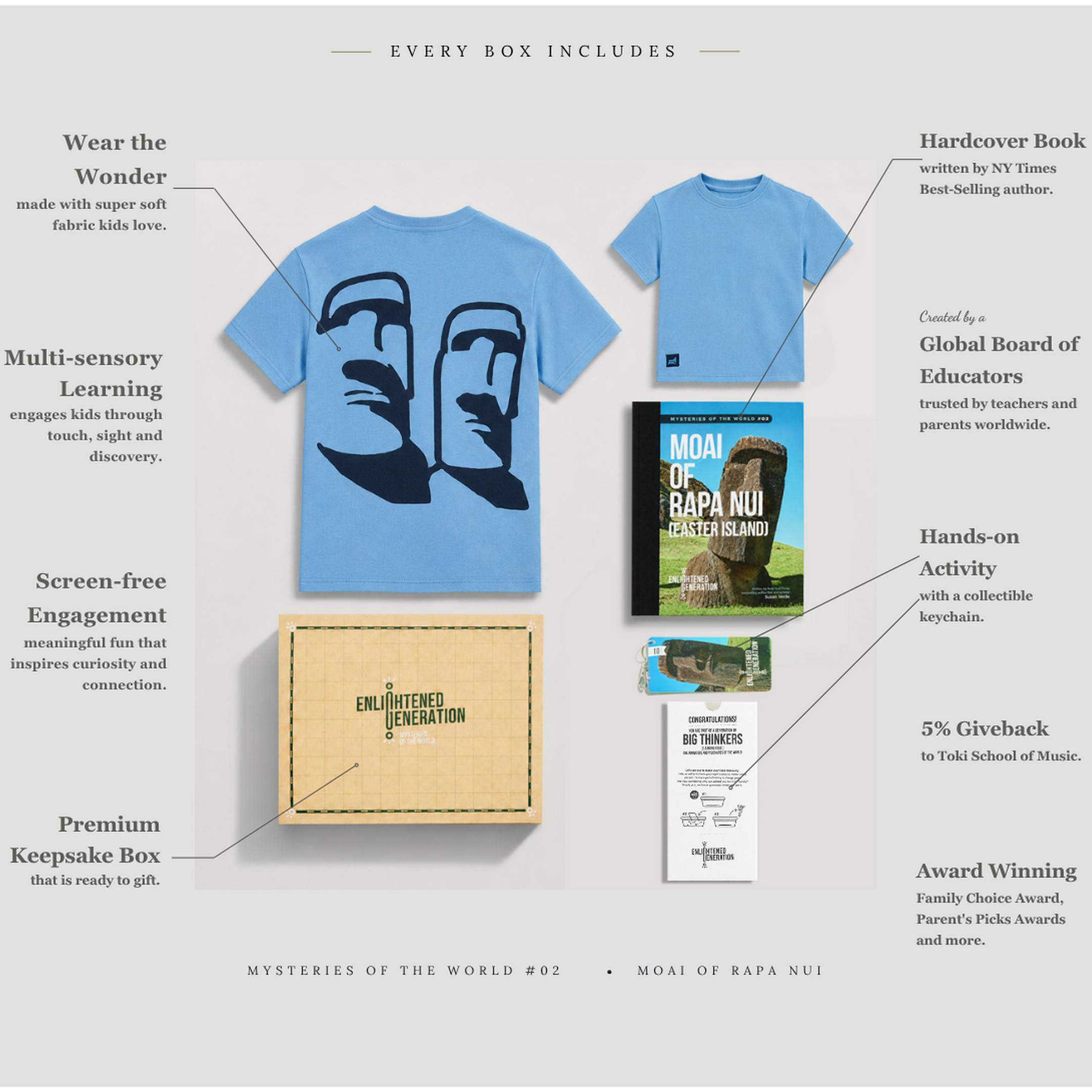 Moai Ancient Wonders Gift Box with Blue Back Print Kids Tee, Book, and Activities