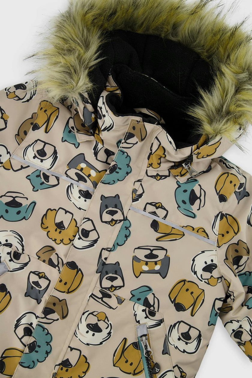 Two Piece Discover Snowsuit Beige Printed with Dogs