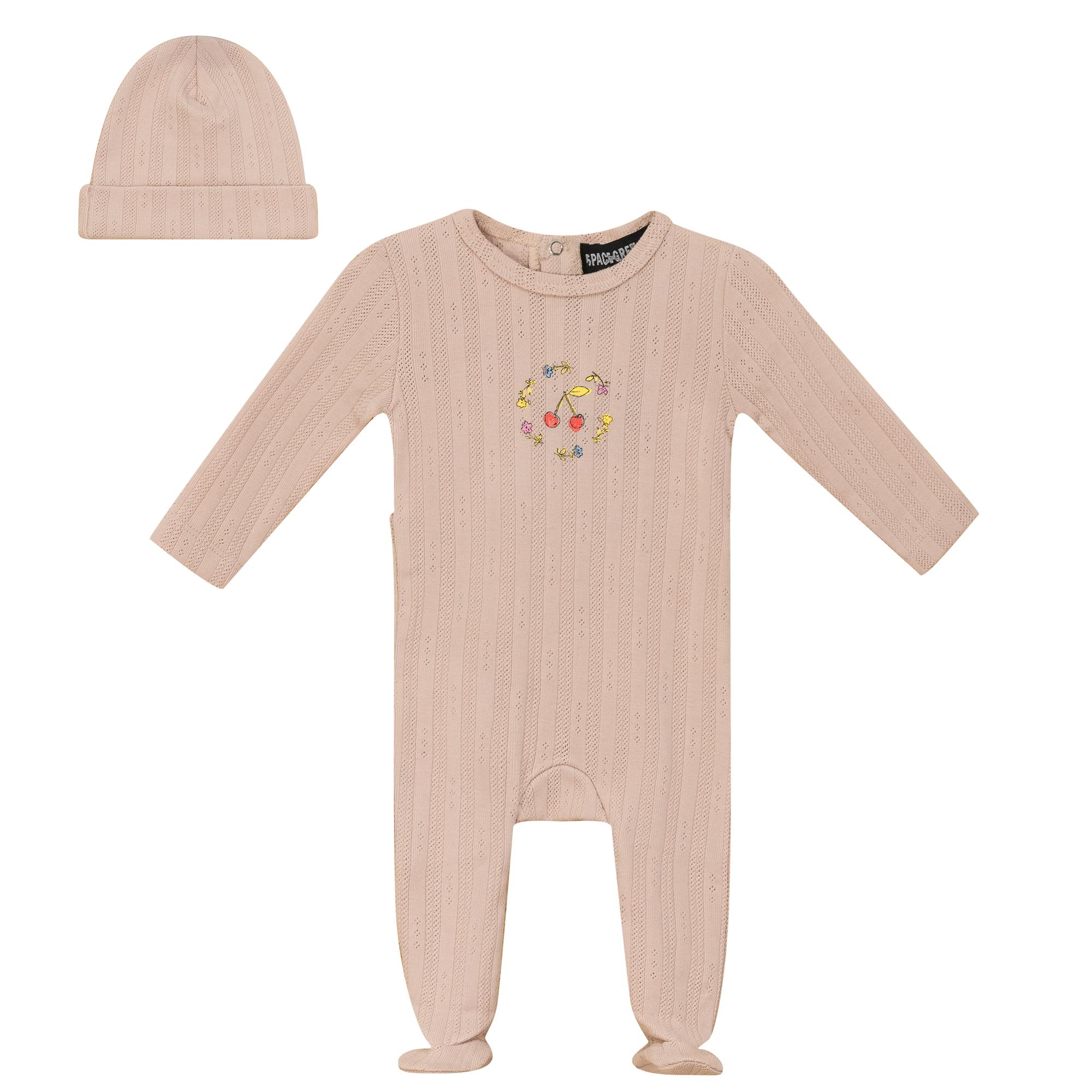 Ribbed Pointelle Romper and Hat Two Piece Set