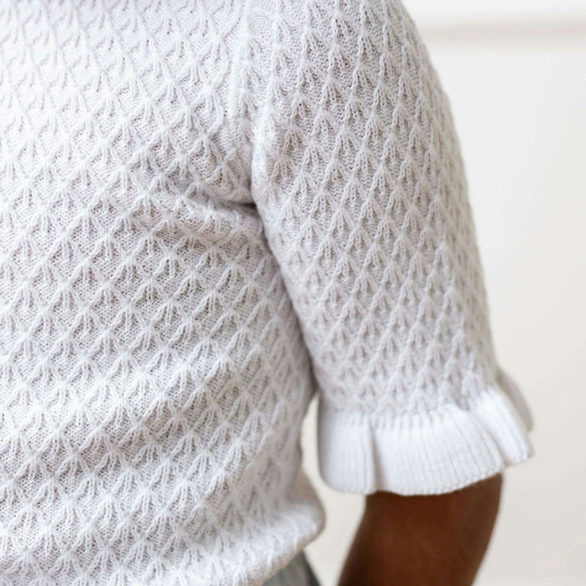 Organic Short Sleeve Ruffle Edge Sweater Knit Top, White