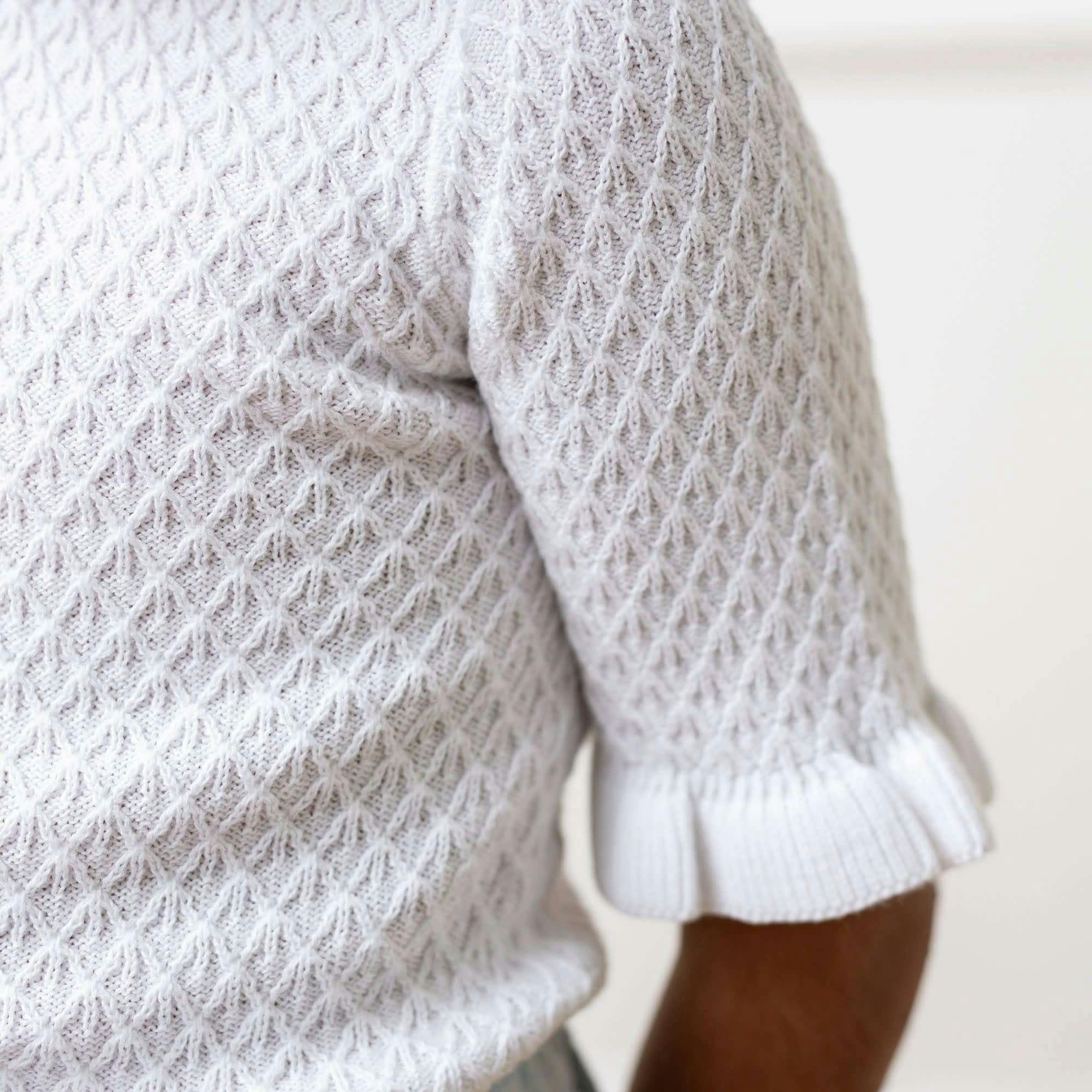 Organic Short Sleeve Ruffle Edge Sweater Knit Top, White