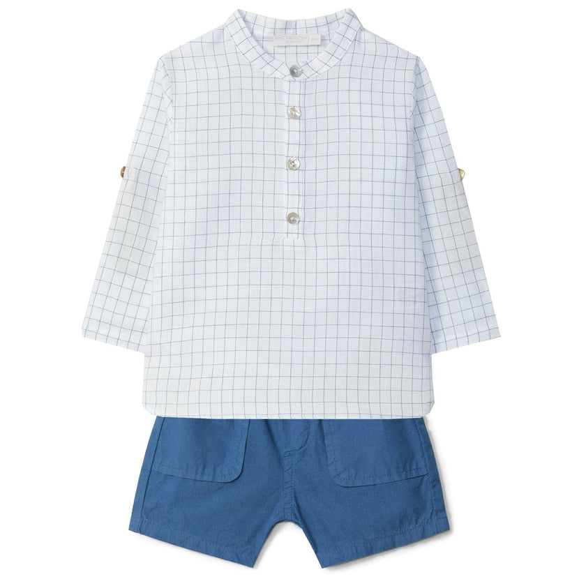 LARANJINHA Windowpane Baby Set - White & Medium Blue