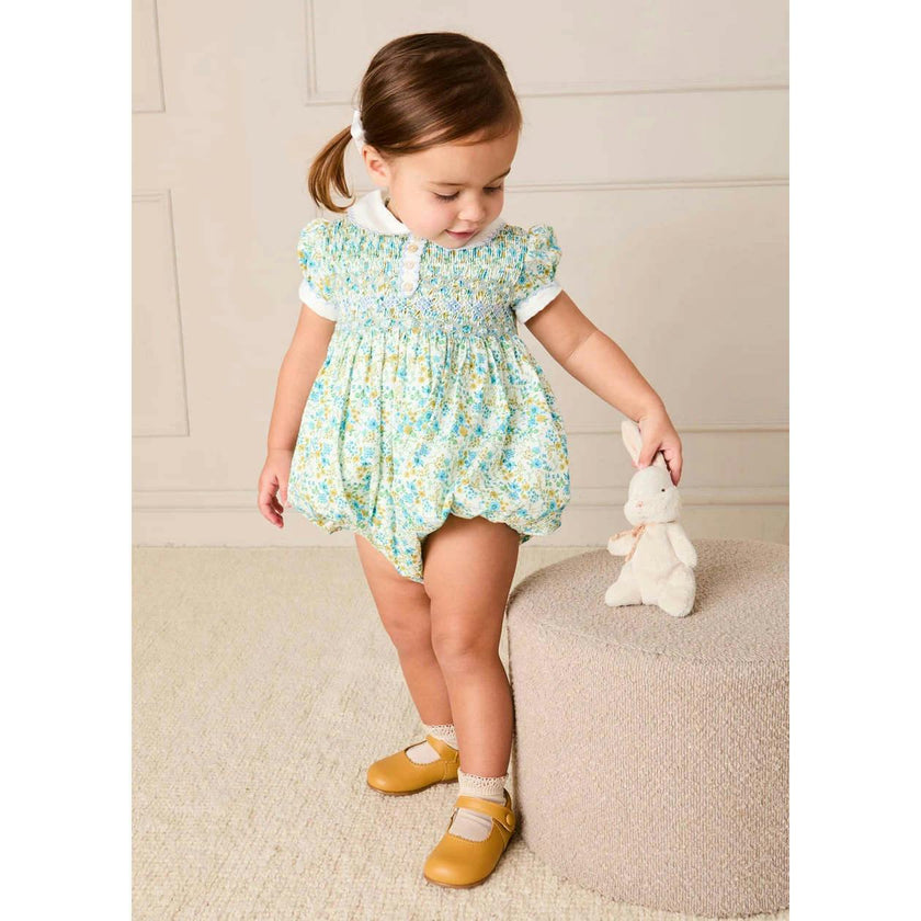Louisa Floral Hand Smocked Short Sleeve Romper in Blue (3mths-2yrs)