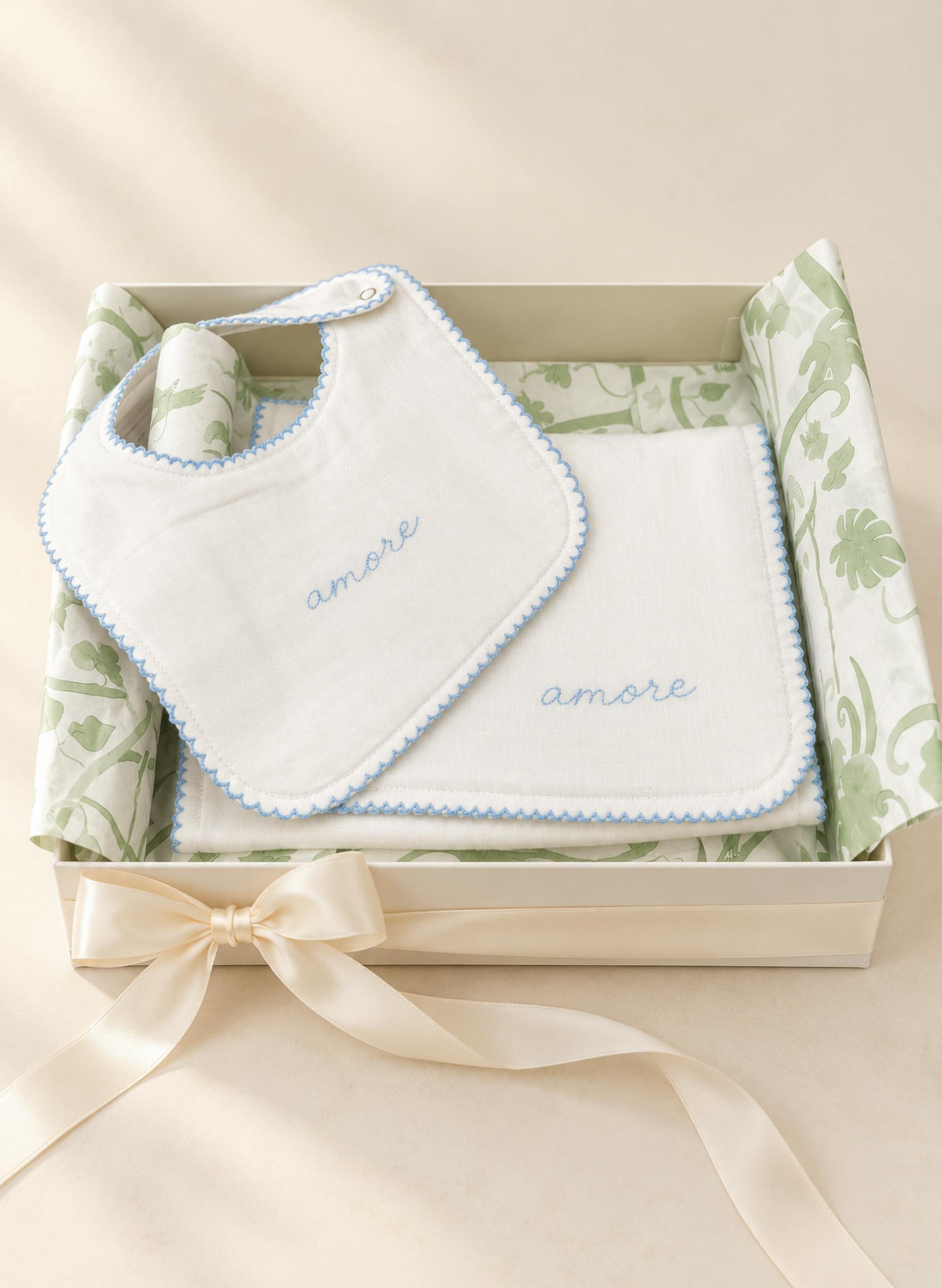 Bib & Burp Cloth Set - Embroidered Blue 