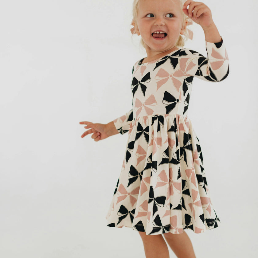 3/4 Sleeve Twirl Dress in Vintage Pink and Black Bows