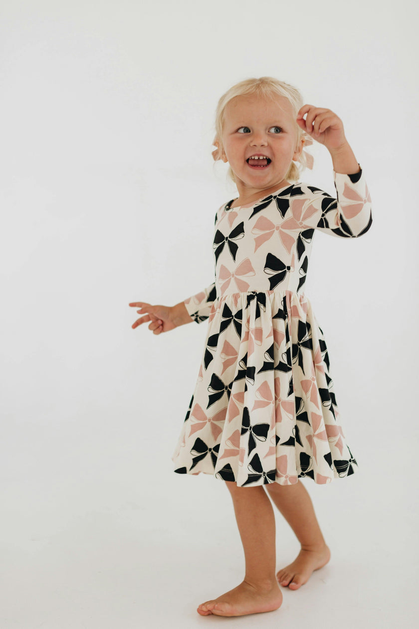3/4 Sleeve Twirl Dress in Vintage Pink and Black Bows