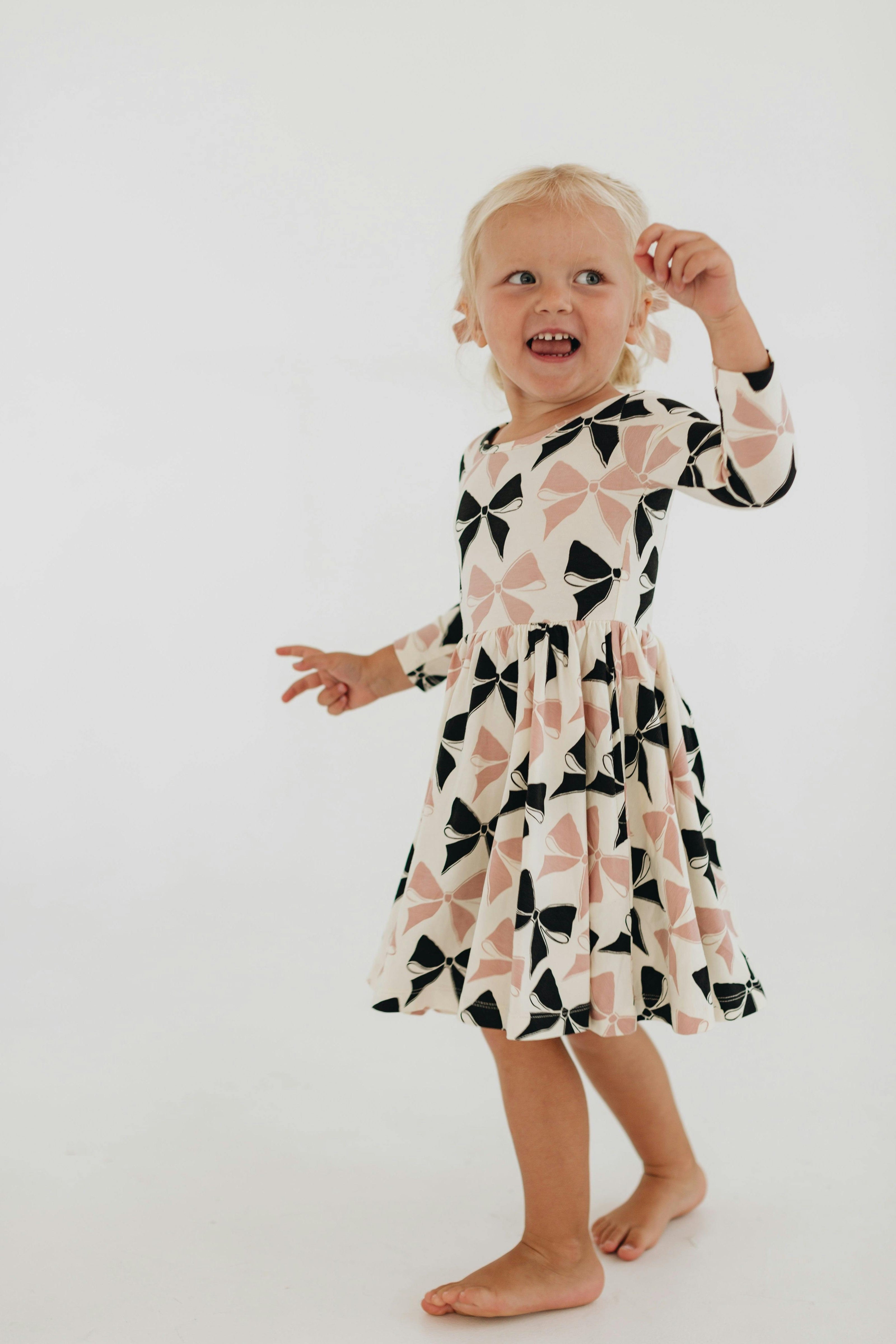 3/4 Sleeve Twirl Dress in Vintage Pink and Black Bows