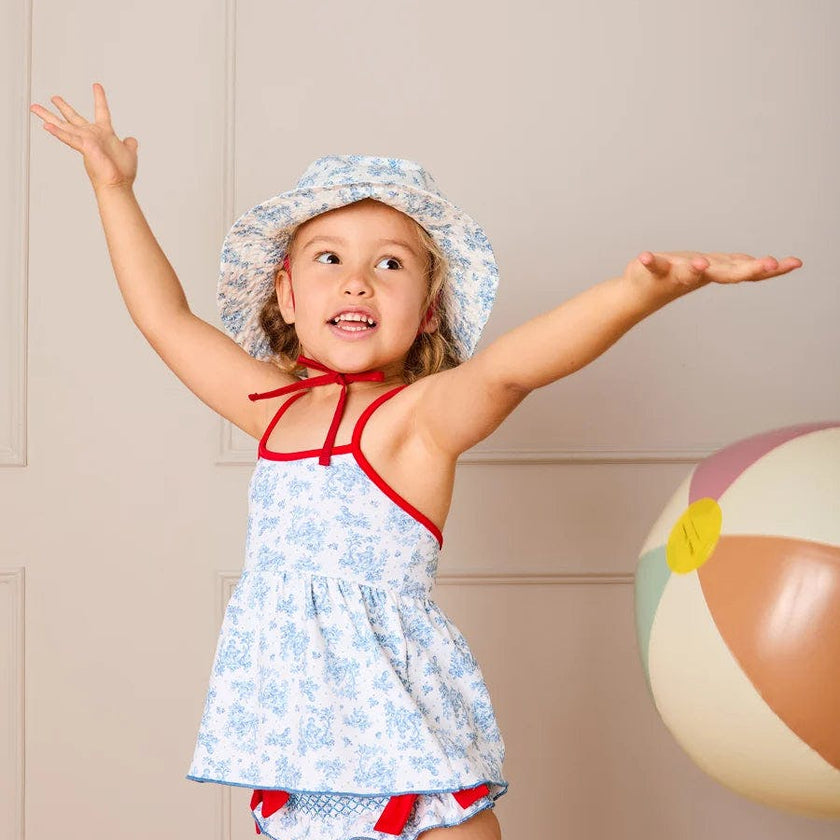 Audrey Toile Bow Detail Smocked Two Piece Swimsuit in Blue (12mths- 10yrs)