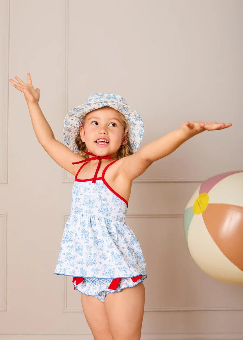 Audrey Toile Bow Detail Smocked Two Piece Swimsuit in Blue (12mths- 10yrs)