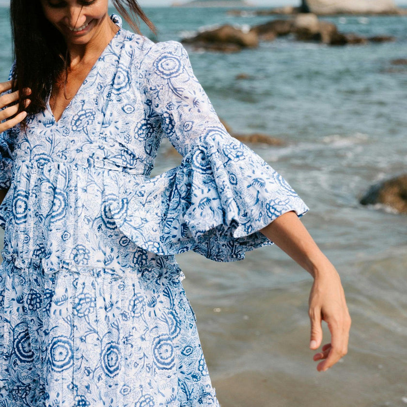 Block Printed Women's Dress - Blue Floral