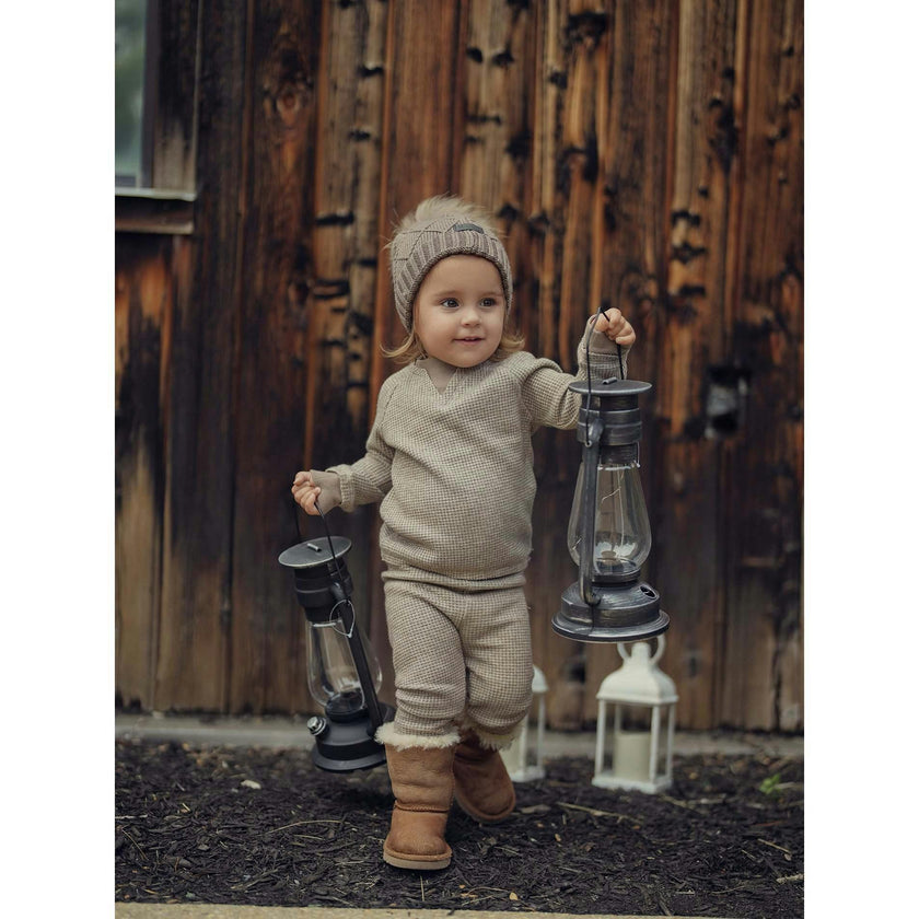Waffle Knit Ribbed Trim Sweater & Pant Sparkle Set